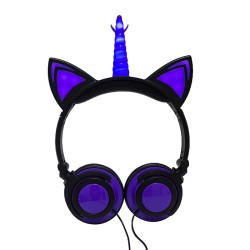 Cute Kids Cat Ear Headphones Wired Adjustable for Boys Girls Tablet Kids Headband Earphone Foldable Over On Ear Game Headset  Black purple