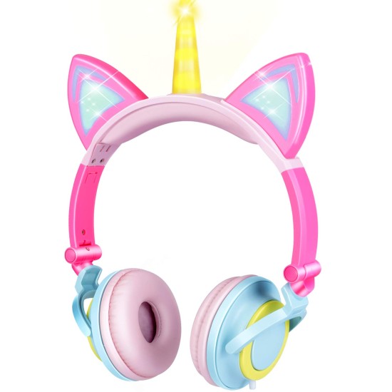 Cute Kids Cat Ear Headphones Wired Adjustable for Boys Girls Tablet Kids Headband Earphone Foldable Over On Ear Game Headset  Yellow pink