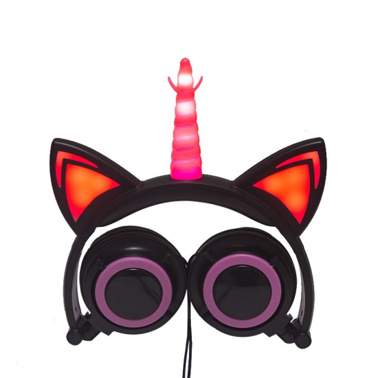 Cute Kids Cat Ear Headphones Wired Adjustable for Boys Girls Tablet Kids Headband Earphone Foldable Over On Ear Game Headset  Black pink