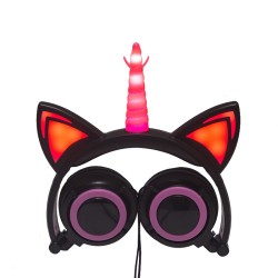 Cute Kids Cat Ear Headphones Wired Adjustable for Boys Girls Tablet Kids Headband Earphone Foldable Over On Ear Game Headset  Black pink