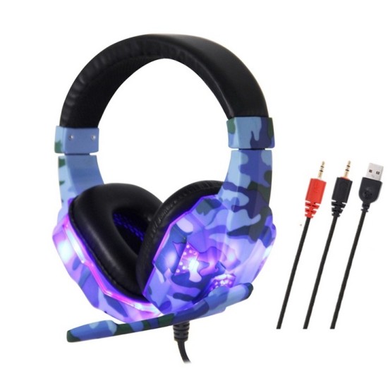 Headset Wired Earphone Gaming Headset USB Luminous Gamer Stereo Headphone Folding Headset blue