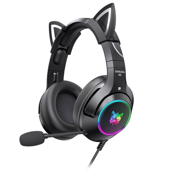 Onikuma K9 Gaming Headset RGB Cat Ear Led Light Head-mounted Wired Headphones with Retractable Rotating Microphone Black