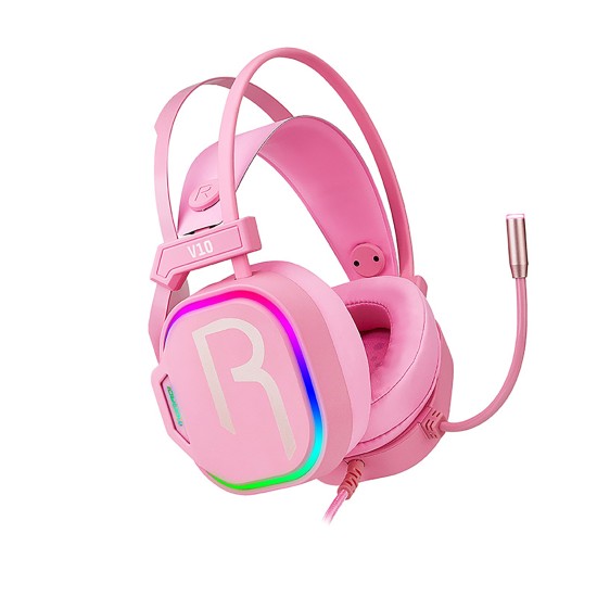 V10 Wired Headset with Microphone Stereo Lightweight Colorful RGB Gaming Headphones Pink