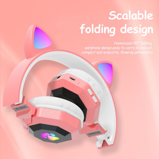 Wireless Headset Cat Ear Bluetooth 5.0 RGB Luminous Headphone Music Sports Gaming Earphone Children Gift Orange