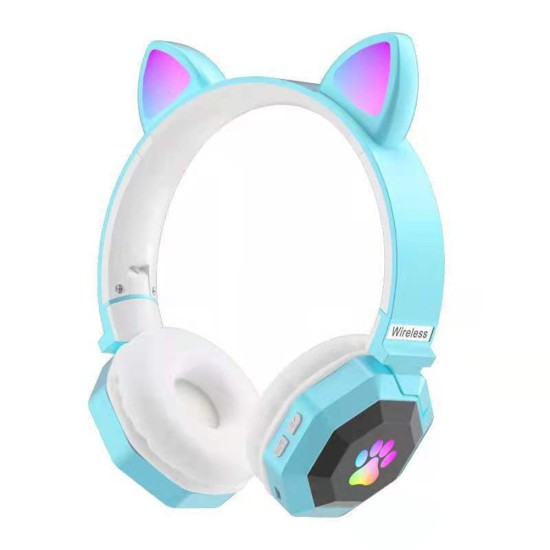 Wireless Headset Cat Ear Bluetooth 5.0 RGB Luminous Headphone Music Sports Gaming Earphone Children Gift Blue