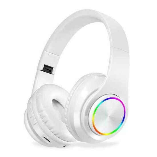 Wireless Luminous Headphones Bluetooth V5.0 Earphones Over-Ear Stereo Super Bass Headset with Microphone white