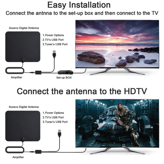 Indoor TV Antenna with Signal Booster Iec Converter Hdtv Receiver Black