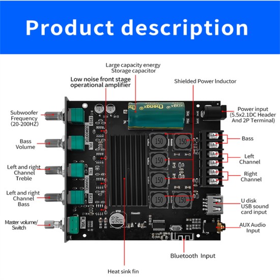 Ys-tb21s 2.1-channel Bluetooth Audio Amplifier Board Module Subwoofer Midrange Treble Adjustable Black