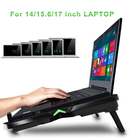 5 Fans Gaming Laptop Cooling Pad for 12"-17" Laptops with LED Lights Dual USB Ports Adjustable Height at 1400 RPM green