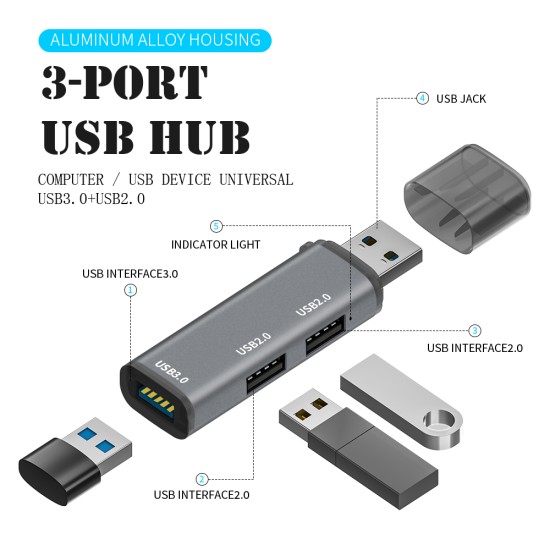 Aluminum Alloy Usb  Hub Splitter 3 Port Usb 2.0 Usb 3.0 High-speed Universal Multiport Hub Computer Notebook Usb Port Extender grey