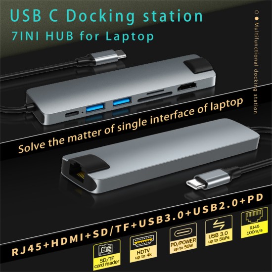 USB C Hub Adapter 7-in-1 USB C to USB 3.0 Hdmi Dock for Macbook Pro Gray