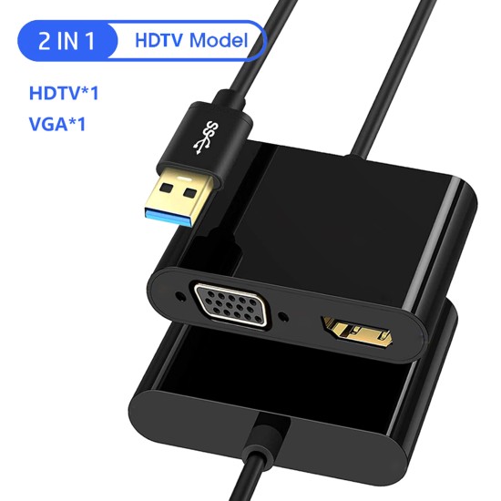 Usb3.0 to Hdmi Vga 2-in-1 Adapter Usb 3.0 5gbps 1080p Dual Output Converter for Windows 10/8/7/xp Black