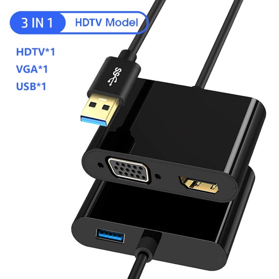 Usb3.0 to Hdmi Vga Usb 3-in-1 Adapter 1080p Multi-display Converter for Monitor Computer Notebook Black