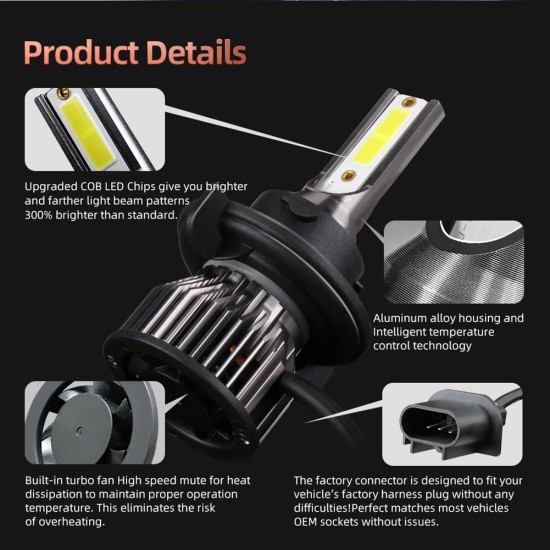 1 Pair Aluminum Car  Led  Headlight Ip68 Waterproof Heatproof 6000k 12000/min Cob Bulbs H13