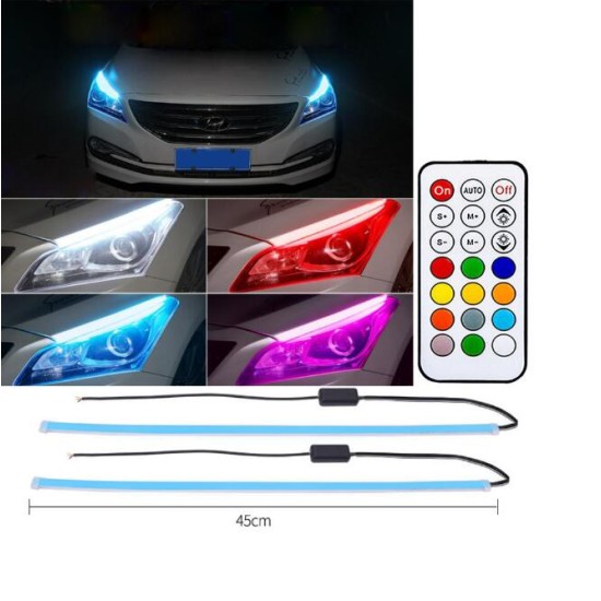 2pcs Daytime Running Light Switch With Wireless Remote Control Tube Guide Car Led Strip Turn Signal Light Bar Colorful_45CM