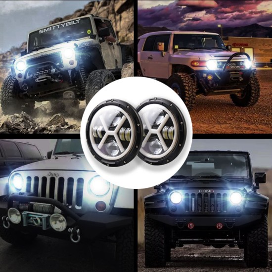 500 W 30000LM 7 inch LED Yellow and White Halo Angel Eye Headlights For Jeep Wrangler Led Beam Headlamp H4/H13 (left and right four eyes) X type Led Headlight