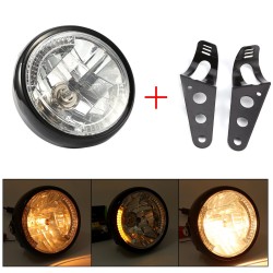 7"Motorcycle DC Modified Retro Front Headlights Lamp Holder LED Turn Light Bracket 12V Motorbike Accessories Black transparent