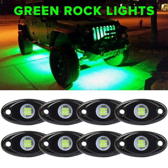 8pcs Rock Lights IP67 Waterproof High Power Underbody Neon Trail Lights Underglow  Lights For Off-road Truck Car Boat Atv Suv green light