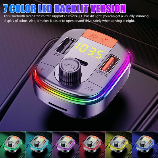 Car Fm  Transmitter Receiver Mp3 Player Colorful Led Lights M3 Wireless Bluetooth-compatible Pd+qc3.0 Fast Charging Usb Charger black