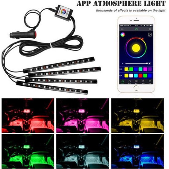 Car Interior Lights Car LED Strip Light 48 LED App Controller Waterproof DIY Color Music Under Dash Car Lighting Kits 12 lights mobile APP control