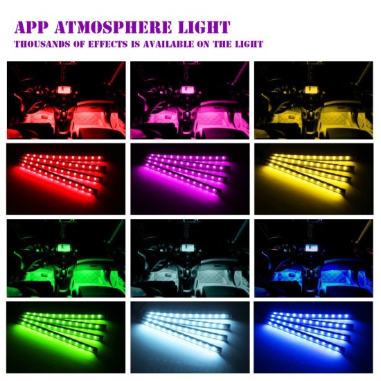 Car Interior Lights Car LED Strip Light 48 LED App Controller Waterproof DIY Color Music Under Dash Car Lighting Kits 12 lights mobile APP control