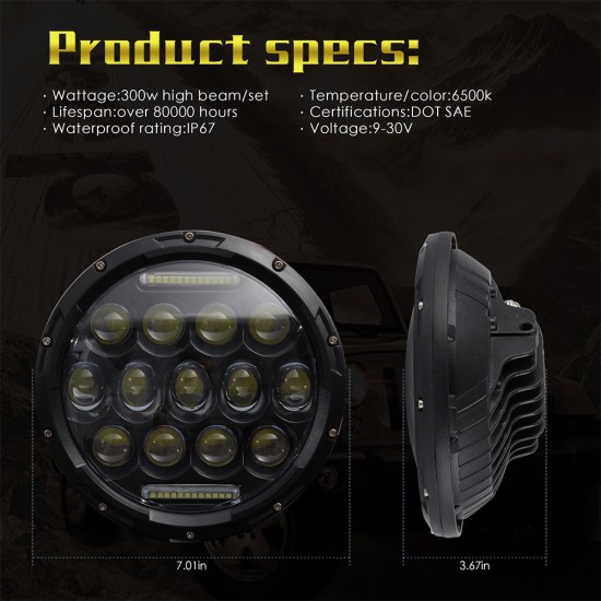 High Power H4/H13 7 Inch 300w Round LED Headlights Turn Signal Light White DRL white_6500K