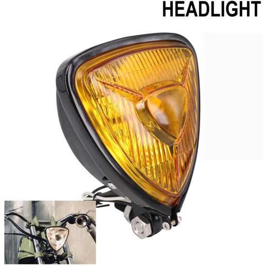 Motorcycle Headlight  Amber Triangle Chrome Headlight Lamp for Chopper Bobber black