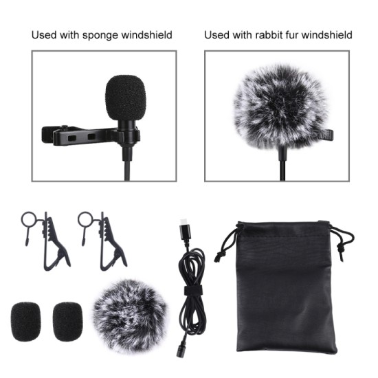 1.5m Clip-on Microphone Collar Tie Mobile Phone Lavalier Microphone Mic for ios Android Cell Phone Laptop Type-C interface