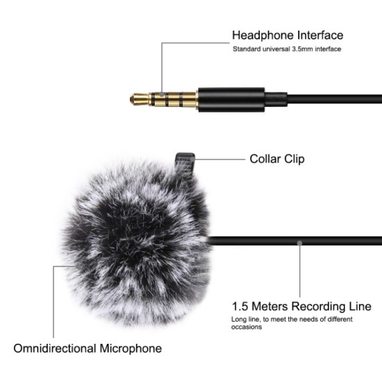 1.5m Clip-on Microphone Collar Tie Mobile Phone Lavalier Microphone Mic for ios Android Cell Phone Laptop Type-C interface