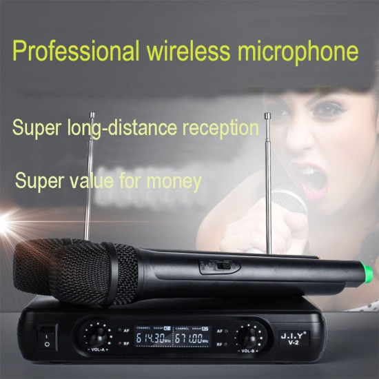 Professional Karaoke Wireless Microphone Mixer Audio Radio Kits Handheld LCD Microphone black_U.S plug