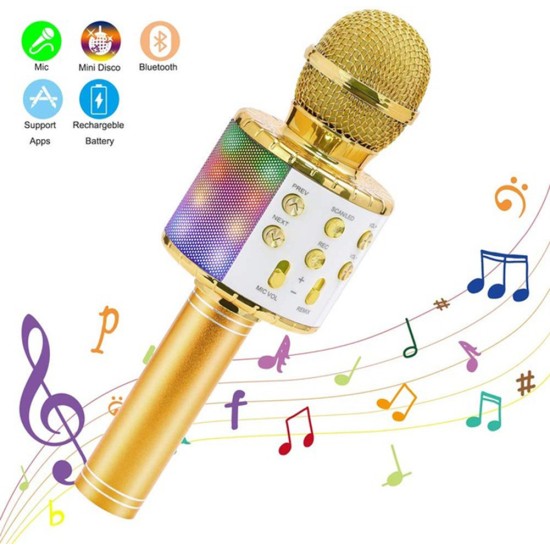 Wireless Microphone Karaoke Portable Bluetooth Speaker Home KTV Player with LED Dancing Lights Golden