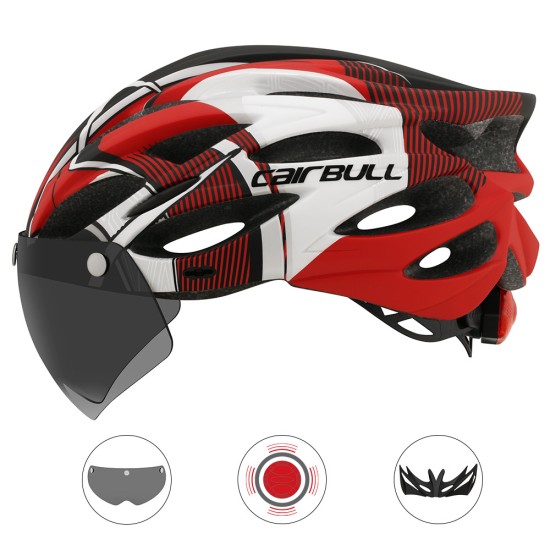 Cairbull Helmet Ultralight Off-road Mountain Bike Cycling Helmet with Removable Visor Taillight Black white_M / L (54-61CM)