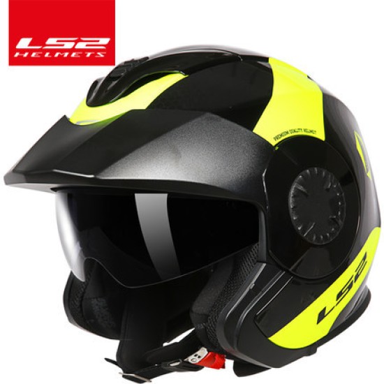 LS2 OF570 Helmet Dual Lens Half Covered Riding Helmet for Women and Men Motorcycle Helmet Casque Black and yellow / bunting XXL