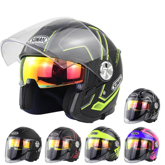 Motorcycle Helmet 3/4 Electrical Helemets Dual Visor Half Face Motorcycle Helmet   Black Silver Sky Array_XL