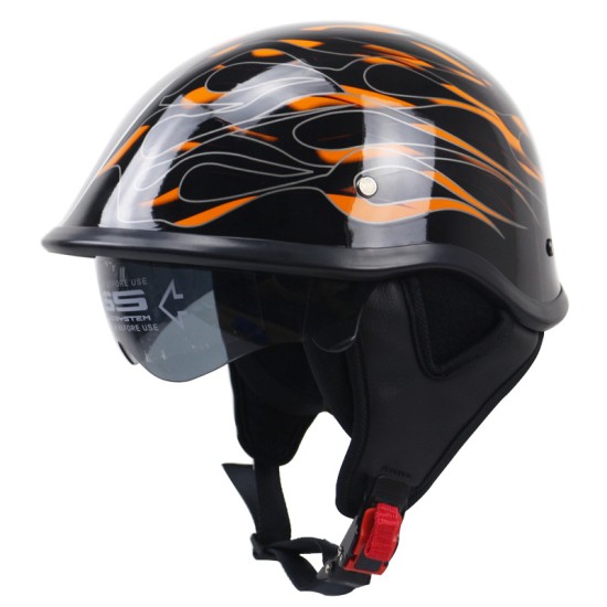 Motorcycle Helmet Black Flame Pattern Retro Half Face Helmet Bike Crash Helmet Bright black flame_XXL