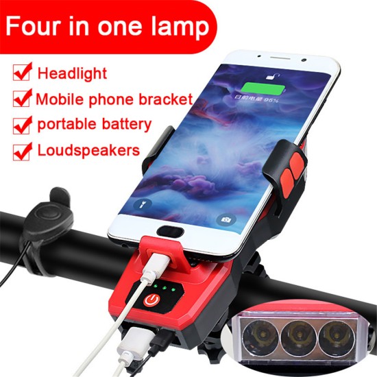 4 in 1 Bicycle Strong Light Headlight Set With Horn Mobile Phone Holder For Bike MTB Light 909 red_4000ma