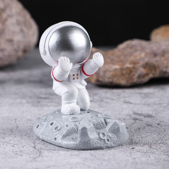 Astronaut Model Mobile Phone  Holder Bracket Night Light Fashion Stable Anti-slip Tablet Desktop Stand Resin Decorative Crafts Push Hand (Silver)