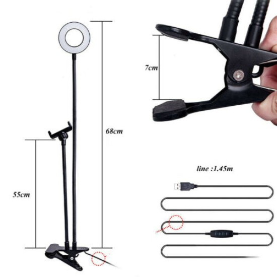 Selfie Flash Ring Light Mobile Phone Holder 24 LED Camera Long Arm USB Clip black