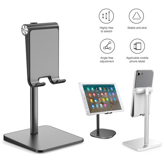 Telescopic Desk Mobile Phone Holder Stand for IPhone IPad Adjustable Metal Desktop Tablet Holder Silver-retractable version