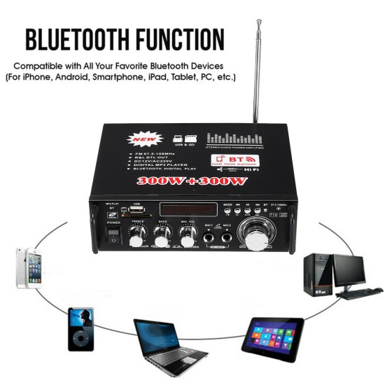 600W LCD Amplifier HIFI Audio Stereo Bluetooth FM 2CH AMP Car Home USB SD MP3 Player As shown