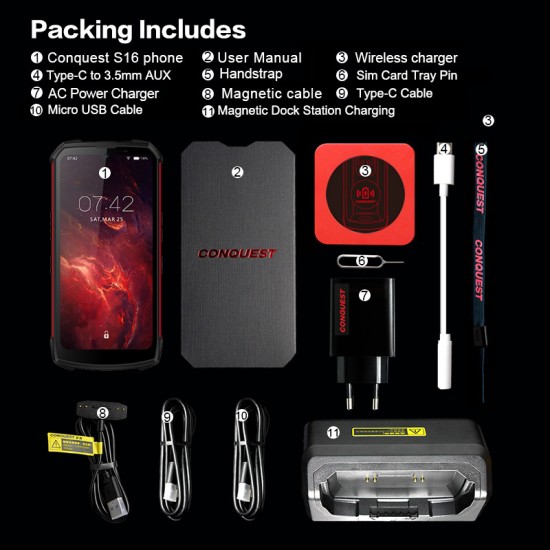 Conquest S16 Rugged Smartphone Ip68 Shockproof Waterproof Android Wifi Mobile Phones 8+256GB red