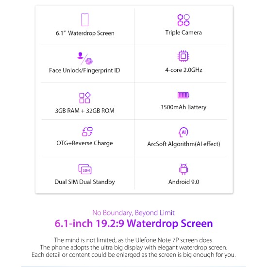 ULEFONE NOTE 7P Quad-core 64-bit 2.0GHz Mobile Phone 6.1-inch HD- in Cell Phone purple