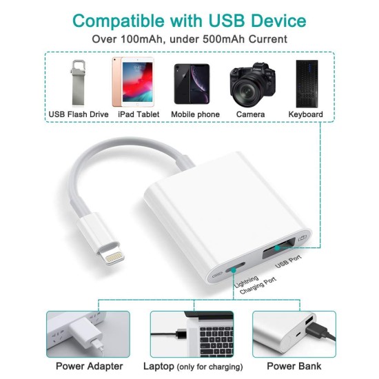 USB Camera Adapter USB Female OTG Converter Charging Interface Compatible with Phone 11 Pro X 8 7 6 Pad white