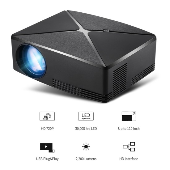 C80 Mini Beamer 720P HD Multimedia System Portable Beamer for Home and Office with 2200 Lumens Brightness black_EU Plug