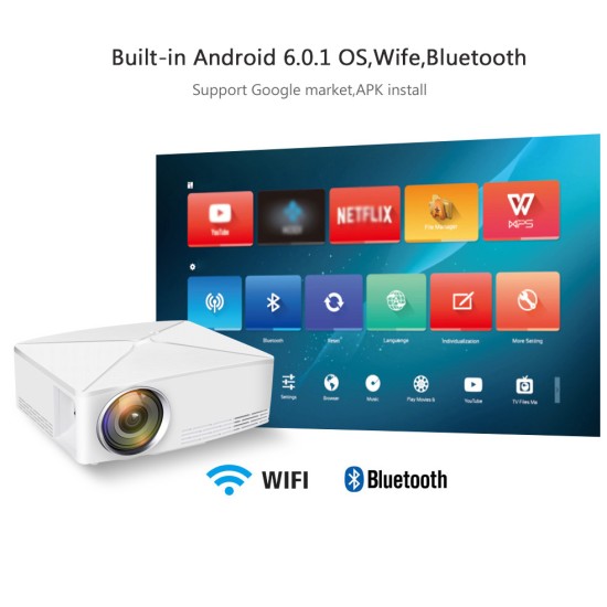 C80UP Mini Home Theater Movie Projector WiFi Bluetooth Video Game Beamer 1280x720 Resolution White_EU Plug