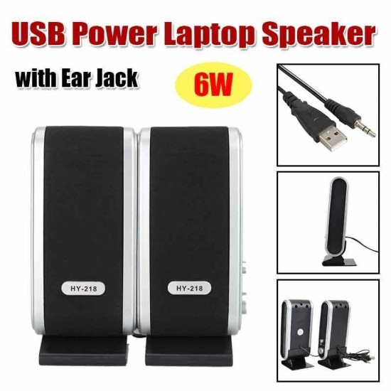 2 Pcs USB Power Computer Speakers Stereo 3.5mm with Ear Jack for Desktop PC Laptop black