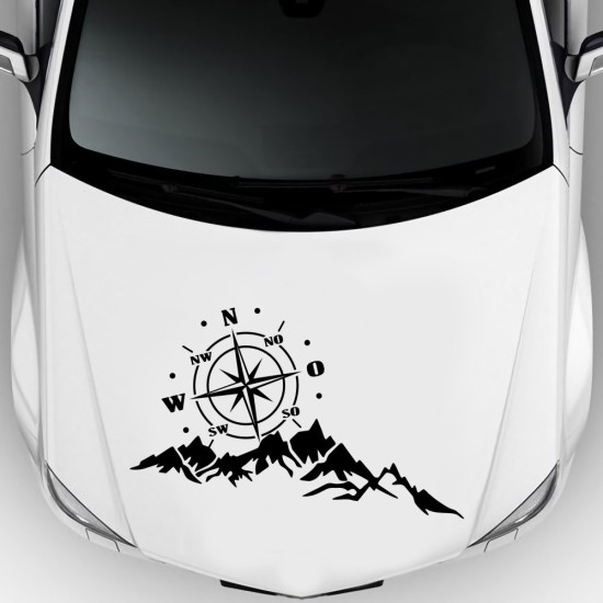 2pcs Vinyl Car Stickers and Decals Mountains Compass Navigation Graphic Sticker Vehicle hood Car Body Sticker black