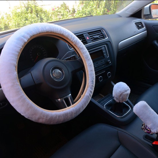 3pcs/set Car Plush Fashion Universal Steering  Wheel  Cover Plush Pull Handle Red wine