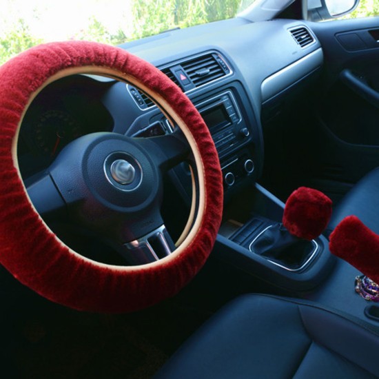 3pcs/set Car Plush Fashion Universal Steering  Wheel  Cover Plush Pull Handle Red wine