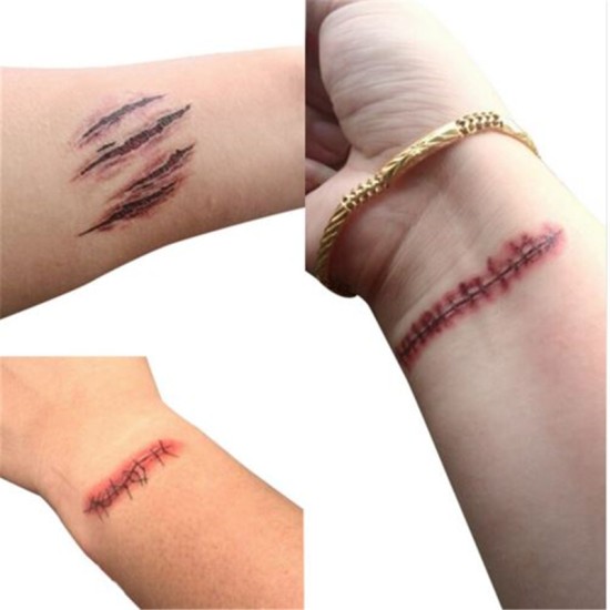 GlowSol Horror Realistic Fake Bloody Wound Stitch Scar Scab Waterproof Temporary Tattoo Sticker Body Art Stickers RC2251 10.56CM